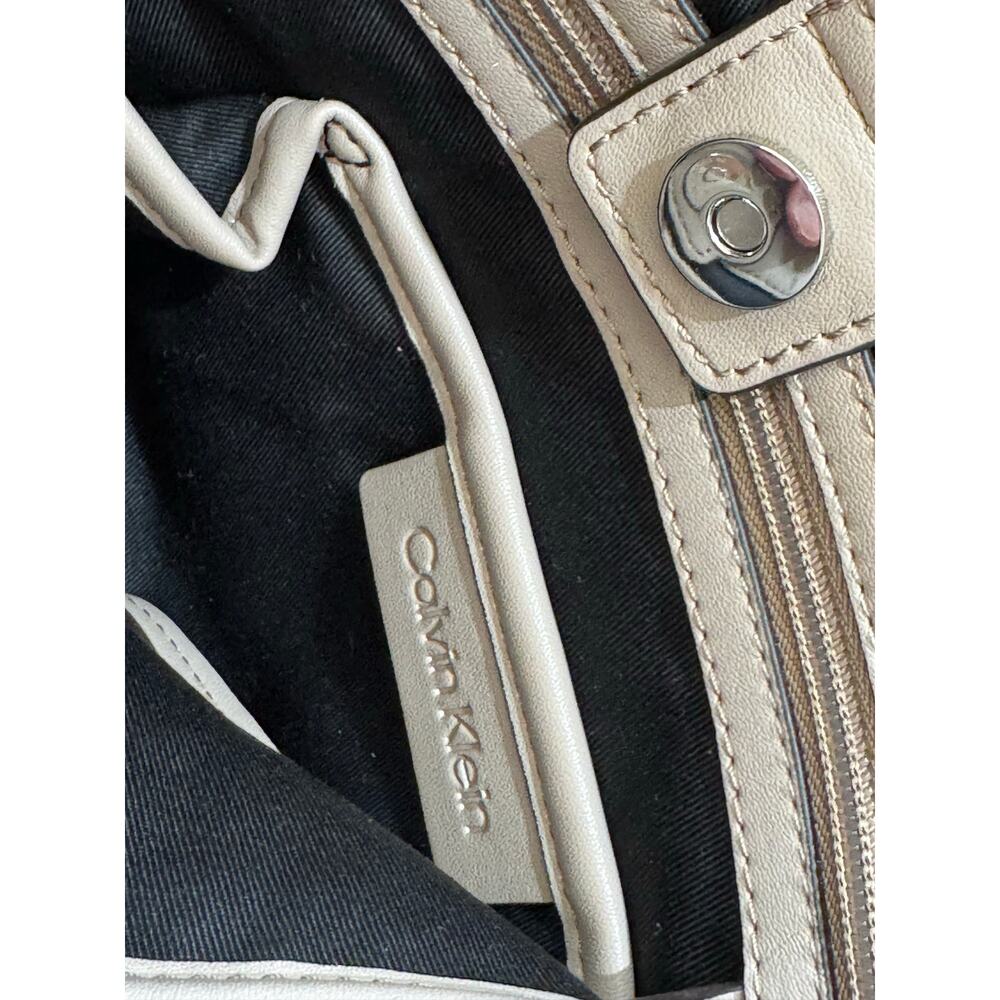 Calvin Klein Taupe Beige Leather CK Logo Shoulder Hobo Bag Purse - Picture 11 of 14